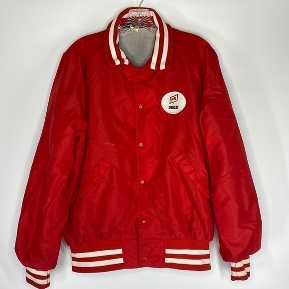 Vintage Dunbrooke Pla-Jac FS Seed Cooperative Wisconsin Red Satin Jacket Large - Picture 1 of 9